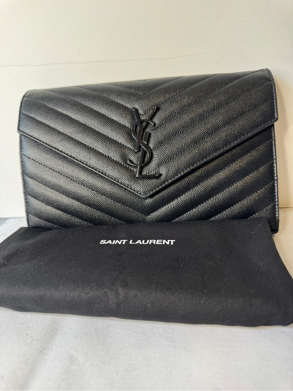 Saint Laurent Black Quilted Chevron Envelope Wallet On Chain